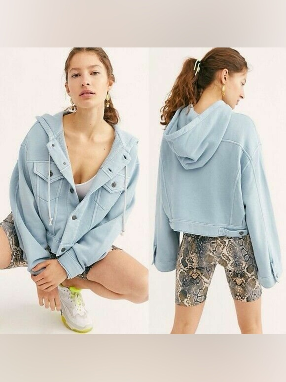 Free People | Dreamers Hooded Cropped Jacket • Light Blue | Small | EUC